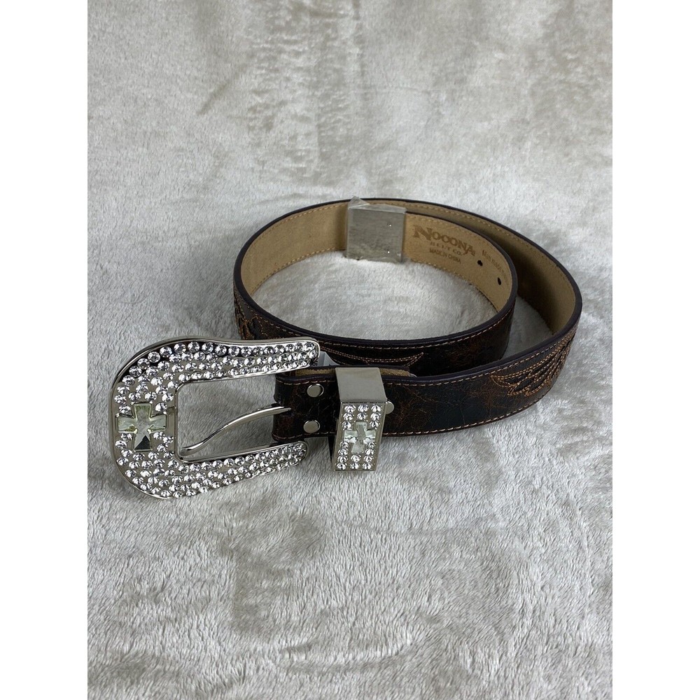 Nocona Western Belt Leather Bling Cross  Embroidered Wings Cowgirls Brown Belt